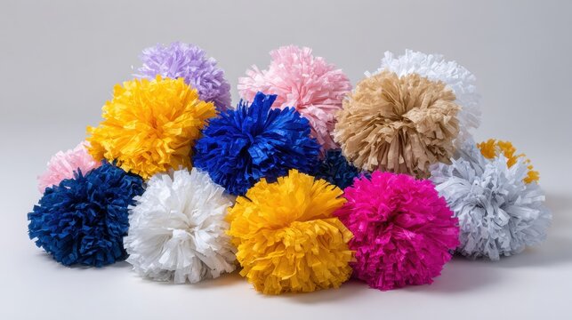 Colorful cheer pom poms isolated on neutral background. Bright assortment of blue, yellow, pink and white props for cheerleading, celebration and team spirit concept
