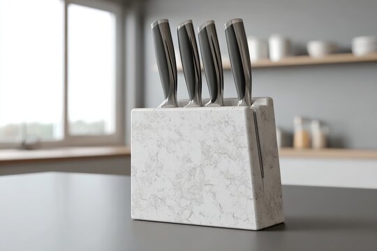 Modern wooden knife block on kitchen surface