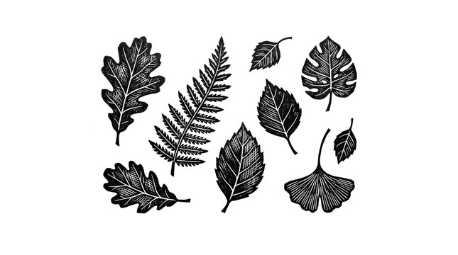 Monochromatic Botanical Engraving Diverse HandDrawn Leaf Silhouettes on White Background.