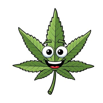 A cartoon cannabis leaf with a smiling face