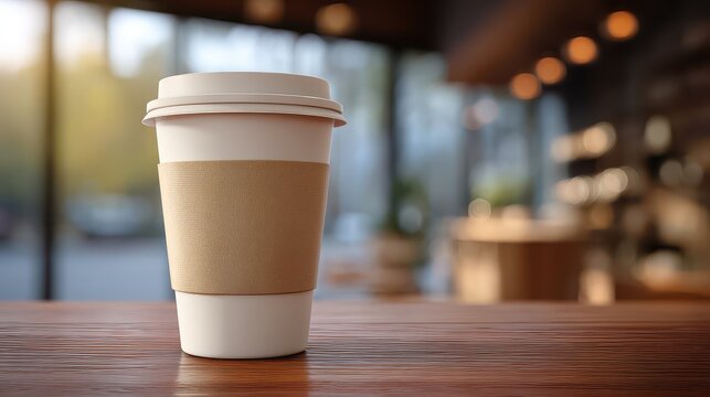Close-up of a disposable coffee cup with a blank paper sleeve on a wooden table