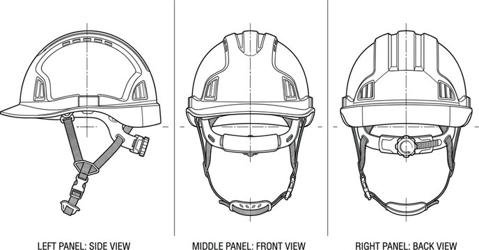 Safety helmet technical drawing with side front and back views construction protective gear detailed engineering vector illustration