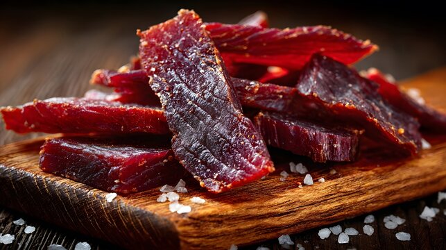 Dried beef jerky slices on a wooden cutting board with coarse salt crystals. Appetizing smoked meat snack. Protein rich food for healthy diet and nutrition concept. Savory gourmet appetizer.