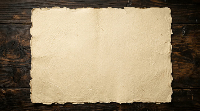 Vintage handmade paper on a dark rustic wood background. Blank parchment background. Perfect for rustic wedding invitations, restaurant menus, or historically themed graphic designs.