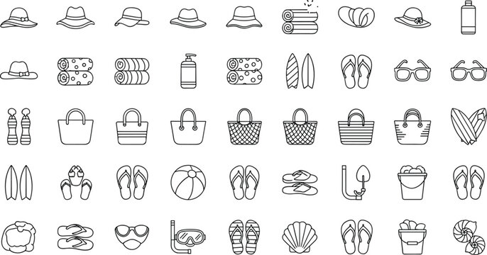 Collection of beach and summer icons including hats, Towels, Bags, And accessories