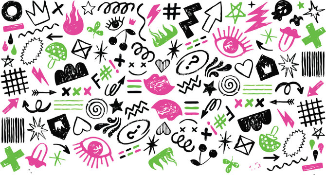 This image features a vibrant and eclectic mix of graffiti symbols and doodles in pink, green, and black ink on a white background. The illustration showcases 