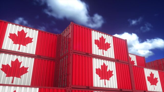 Canadian Flag Shipping Containers Stacked Under Bright Cloudy Blue Sky