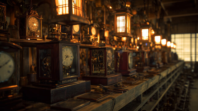 Antique Japanese clockmaker's workshop in steampunk style featuring rows of traditional Wa-dokei clocks and warm lanterns.