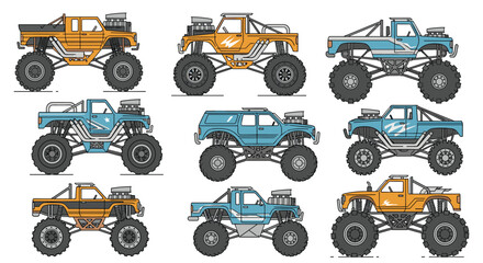 Fototapeta premium Rugged collection of nine different monster truck designs featuring massive wheels, custom paint jobs, and powerful engine details.