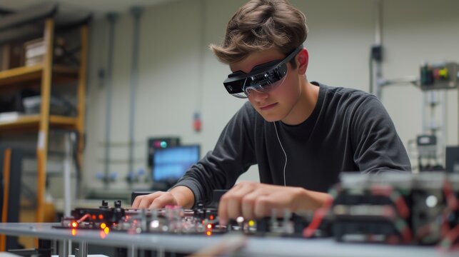 Young engineer working on electronic circuits with AR glasses