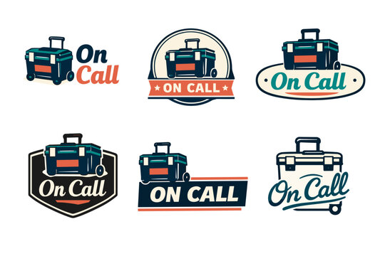 Set of six retro toolbox logos with 'on call' text in various styles