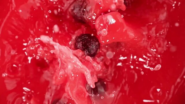 Extreme Macro of Fresh Red Yangmei Bayberries Falling into Juice with Crown Splashes on Red Background, Food Ads