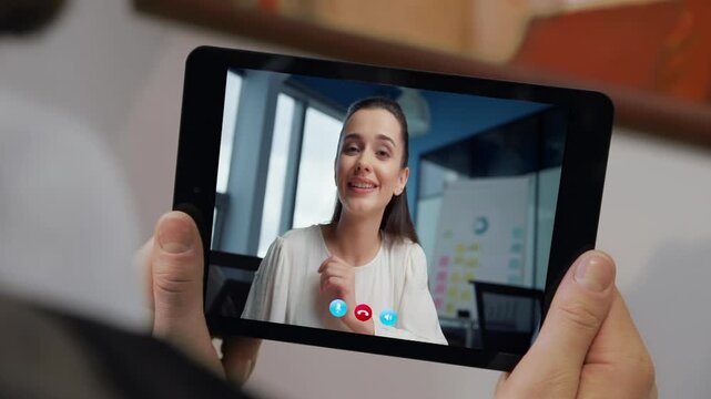 Business partners tablet meeting at office closeup. Unknown man holding computer