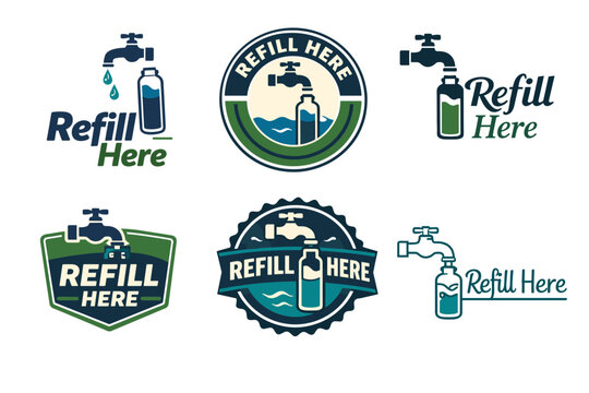 Refill here logos featuring water bottles and taps in varied designs
