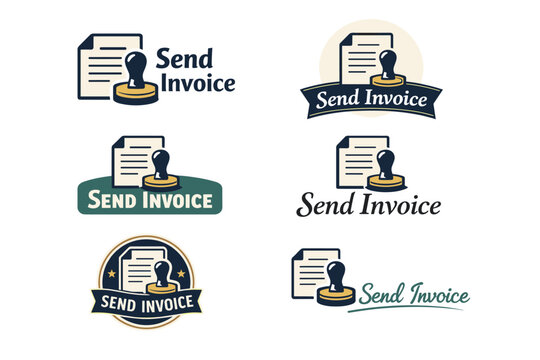 Set of send invoice icons with stamp and document in various styles