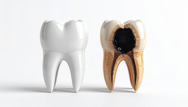 3D Dental Illustration Comparing a Healthy White Tooth with a Decayed Tooth Showing a Severe Cavity
