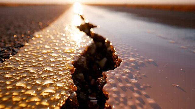 A crack spreads across wet asphalt at sunset.