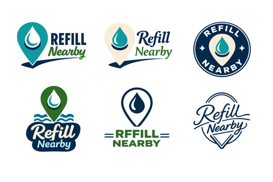 Set of six refill nearby logos with water drop symbol and location pin design elements