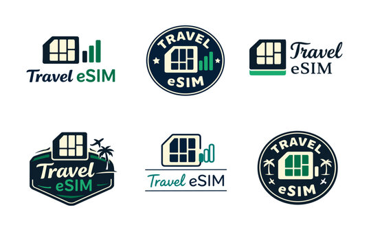 Travel esim logos featuring sim card icons and travel themes