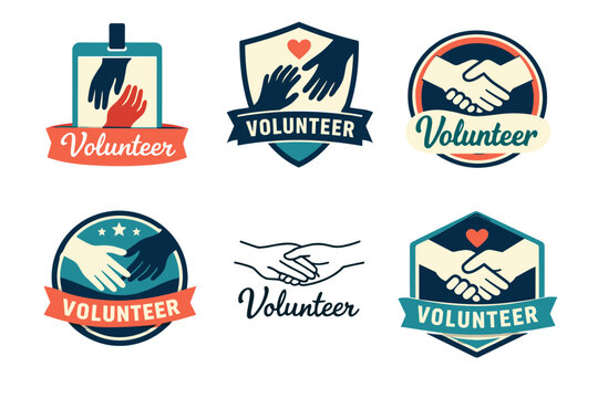 Volunteer badges with helping hands and handshake designs