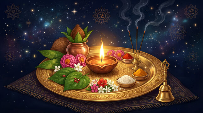 Diwali puja thali with lit diya incense sticks tulsi leaves and bell representing Hindu festival traditions and spiritual offerings ideal for religious and cultural concepts
