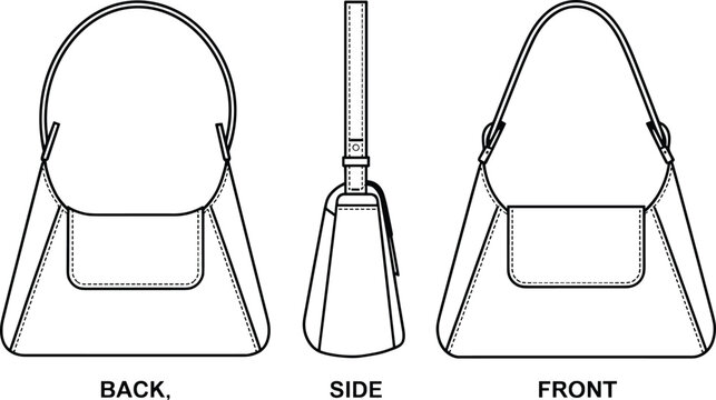 Fashion flat sketch of women's hobo bag viewed from front back and side.