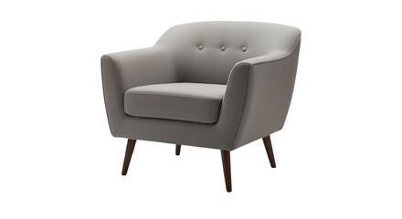 Fototapeta premium Comfortable light grey mid-century modern armchair with wooden legs and button tufted backrest