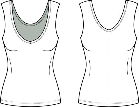 White sleeveless v-neck top front and back view fashion flat sketch.