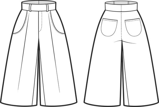 Wide leg culottes fashion flat sketch front and back views.