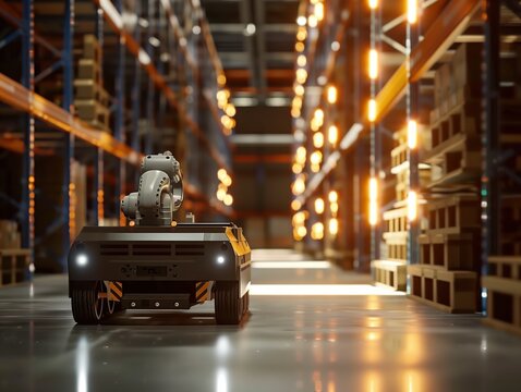 Generative AI heavy duty industrial robot carrying pallet in smart warehouse