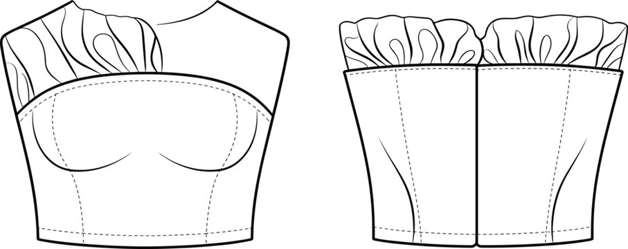 Fashion illustration of a women's strapless corset top with ruffled short sleeves.