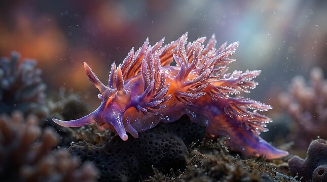 Beautiful underwater sea creature with vibrant purple and orange tentacles resting on coral reef