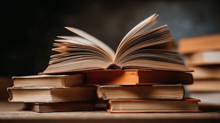 A stack of old books with one open on top, sitting on a table in a dark room.