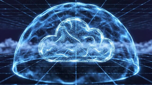 Abstract digital cloud computing network with glowing particles and grid background