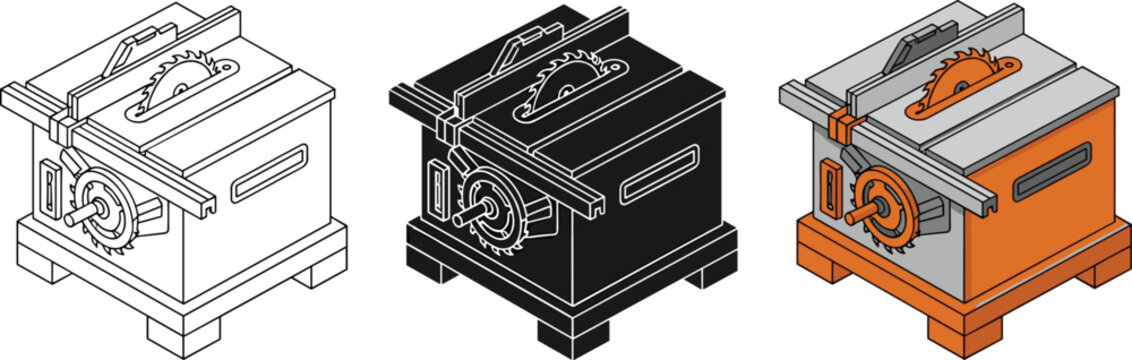 Set of three isometric table saw icons in outline, solid black, and orange color styles, professional carpentry power tool vector.