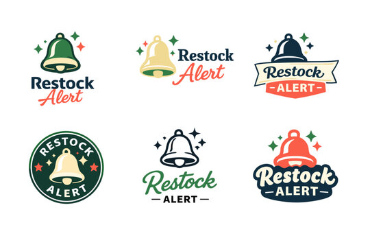 Colorful restock alert icons with bells and stars in various styles