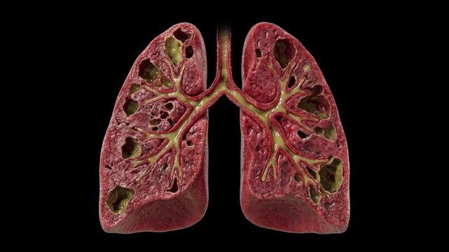 Cross section of human lungs showing asthmatic bronchi narrowing and diseased airways during labored breathing on transparent background