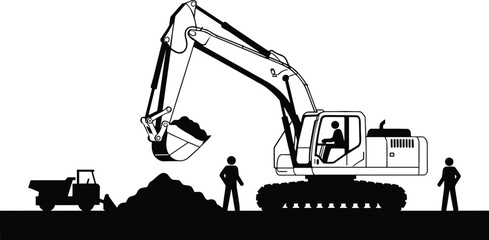 Excavator loading soil into dump truck at construction site with workers, heavy machinery operation, earthmoving activity, industrial engineering, building  © BAPPI
