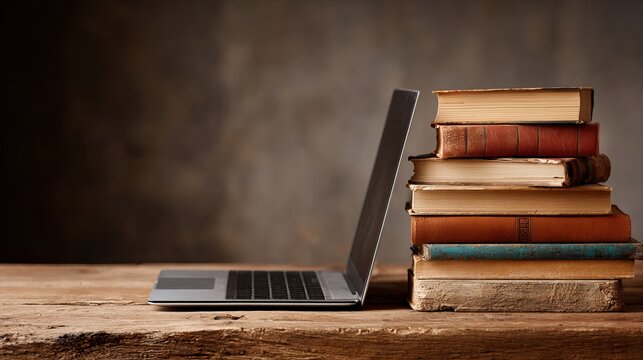 A laptop computer sits next to a stack of old books on a wooden desk in a dimly lit room.