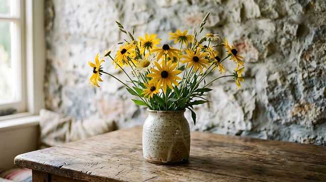 Fresh yellow blackeyed susan flowers in rustic vase placed on wooden table against stone wall