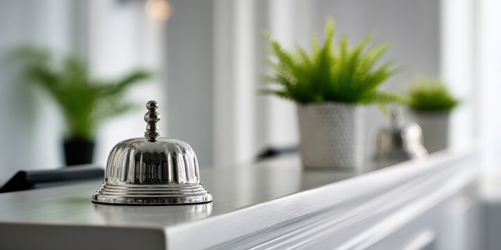 Close-up of hotel reception bell with blurred background of guests and staff, bright interior, hospitality concept, customer service orientation, modern reception desk environment. Copy space. Banner