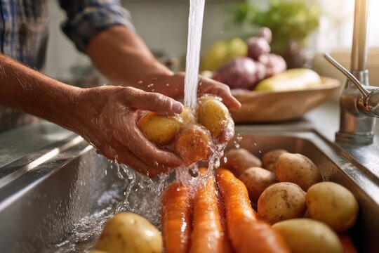 Hands washing carrots and potatoes in sink