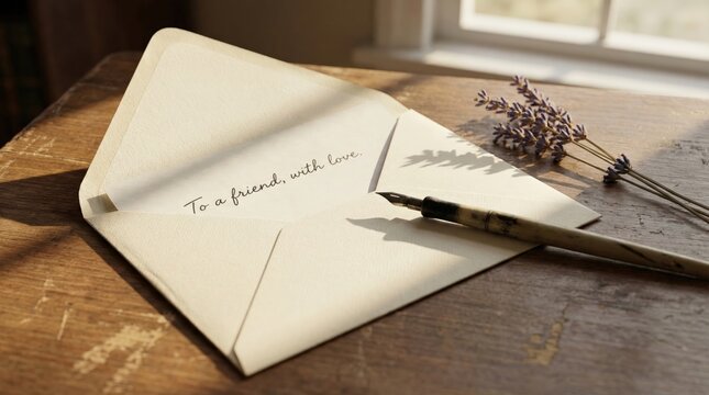 An open cream colored envelope with handwritten text To a friend, with love" lies on a rustic wooden table next to a fountain pen and dried lavender sprigs
