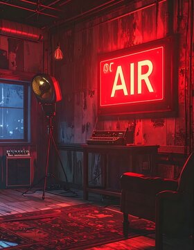 Vintage Radio Studio with Glowing On Air Sign and Warm Lighting.
