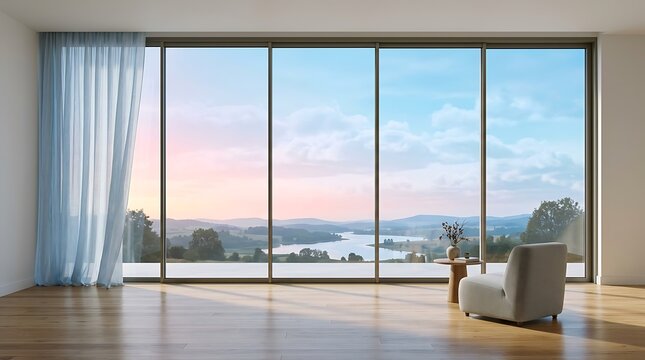Modern Living Room With Floor To Ceiling Windows Overlooking Scenic River Valley Landscape At Sunset