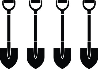 Black silhouette shovel icons set isolated on white background, construction digging tool collection, minimal vector illustration for gardening, excavation and landscaping design © BAPPI