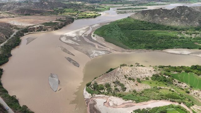 Drone shot of Rentema Pongo, intersection of Mara&ntilde;on and Utcubamba rivers in the Amazon Andes.