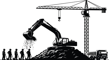 Black and White Construction Silhouette Featuring Large Excavator Moving Earth with Tower Crane Workers and Dump Truck for Industrial Building Development and Infrastructure © BAPPI