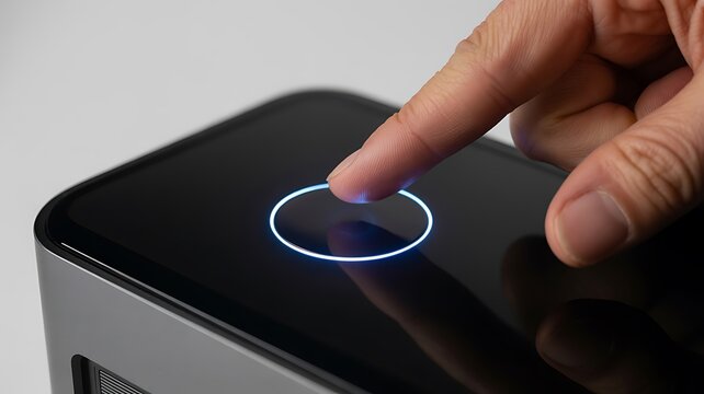 Finger touching smart device screen with glowing interface modern technology interaction concept