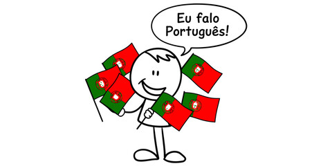 Fototapeta premium A cartoon character holding several small portugal flags while speaking the portuguese language. Vector, illustration
